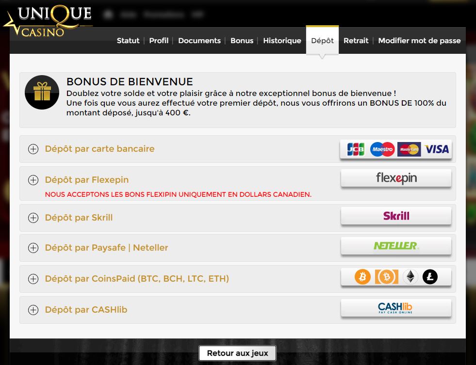 Méthodes de dépôt et retrait Unique Casino